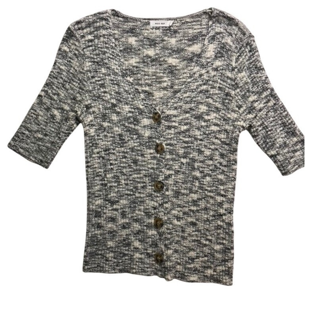 MOD REF Black White Marled Knit Short Sleeve V-Neck Cardigan Sweater Small
